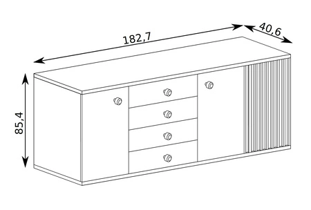 Komoda z szufladami Cali 182 cm dąb artisan / czarny elegancki i uniwersalny styl komody czarne uchwyty ozdobne lamele na drzwiach komody