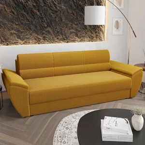 Kanapa rozkładana Fogu Bis miodowa stylowa sofa z komfortowymi podłokietnikami sztruksowa tkanina obiciowa pojemnik na pościel