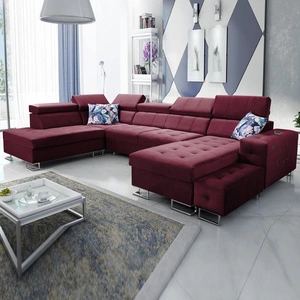 Narożnik z funkcją spania Hampton VI bordowy prawostronny funkcjonalny narożnik do salonu z ruchomą dostawką oraz półką