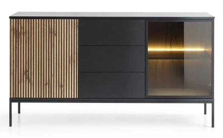 Komoda z szufladami Amma 154 cm czarny / dąb wotan wyjątkowy design dekoracyjne ryflowane i przeszklone fronty komody