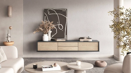 Szafka RTV Frida 180 cm antracyt / dąb olejowany z możliwością powieszenia nowoczesny design szafki pod telewizor z szufladami bezuchwytowe fronty