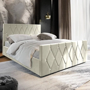 Łóżko tapicerowane Tifton 160x200 beżowe z pojemnikiem w nowoczesnym stylu z charakterystycznym wezgłowiem oraz z zanóżkiem wykończone kryształkami