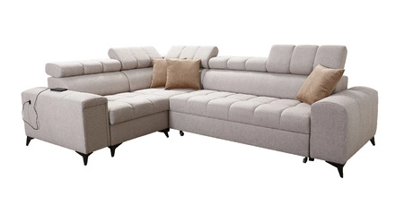 Narożnik z funkcją spania Bolmso II brązowy lewostronny narożnik z pojemnikiem na pościel szuflada z pełnym wysuwem w boczku mebla