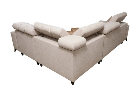 Narożnik z funkcją spania Bolmso II niebieski prawostronny narożnik z pojemnikiem na pościel szuflada z pełnym wysuwem w boczku mebla