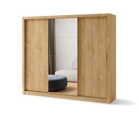 Szafa przesuwna z lustrem Idea 250 cm dąb shetland estetycznie wykonana szafa do sypialni lub pokoju młodzieżowego srebrne uchwyty