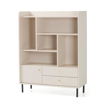 Regał Ferdi 104 cm beż piaskowy ciekawy design stylowy regał z szufladami i zamykaną szafką wysokie ranty blatu