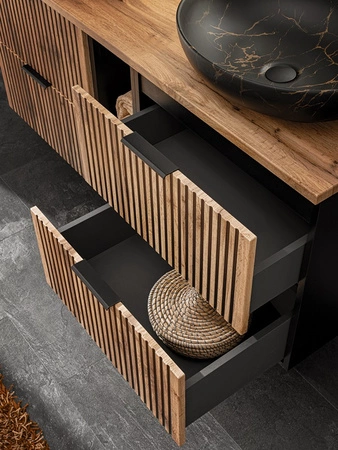 Szafka pod umywalkę Xilo 100 cm czarny / dąb wotan stylowy design szafki z eleganckimi ryflowanymi frontami uchwyty krawedziowe