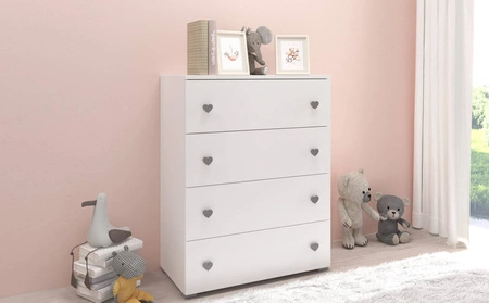 Komoda z szufladami Emily 80 cm biała wyjątkowo stylowa komoda do pokoju dziecięcego z szarymi uchwytami w kształcie serca
