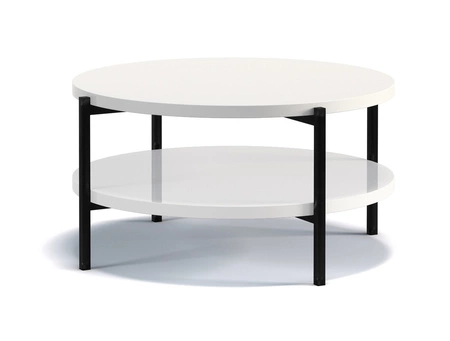 Stolik kawowy okrągły 84 cm Sampi biały połysk z dodatkową półką lekki design metalowa podstawa idealny stolik do każdej aranżacji