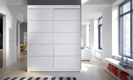 Szafa przesuwna Luft 150 cm biała praktyczna i funkcjonalna szafa do sypialni fronty wykończone poziomymi srebrnymi listwami