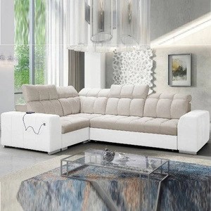 Narożnik z funkcją spania Luigi II beżowy / biały lewostronny komfort podczas codziennego wypoczynku narożnik z pojemnikiem na pościel