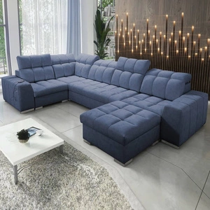 Narożnik z funkcją spania Luigi IV niebieski prawostronny elegancki narożnik do salonu wykonany z miękkiej tkaniny typu velvet