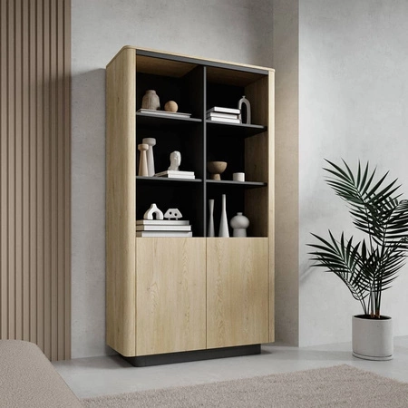 Regał Torro 113 cm dąb cremona / czarny nowoczesny design podkreślony modną kolorystyką regał z drzwiami w stylu japandi
