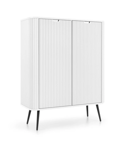 Komoda Zoya 103 cm biała elegancki design owalny kształt bryły osadzony na czarnych metalowych nogach gustowny ryflowany front