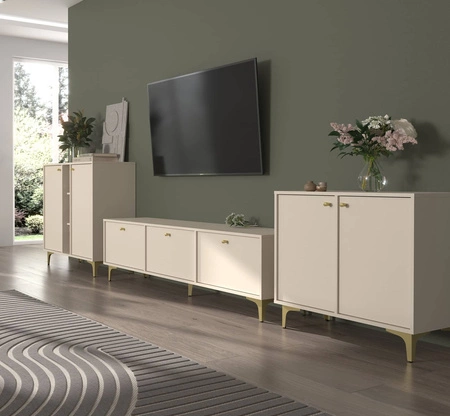 Meblościanka Kioto I beżowa stylowy design mebli do salonu eleganckie meble wsparte na metalowej złotej podstawie subtelne uchwyty