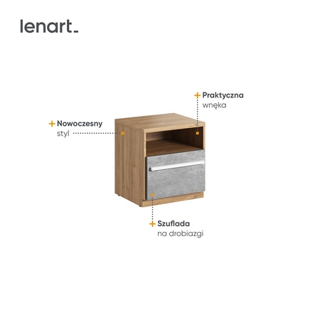 Szafka nocna Plano dąb nash / beton stylowa szafka z szufladą funkcjonalny dodatek do pokoju młodzieżowego lub dziecięcego