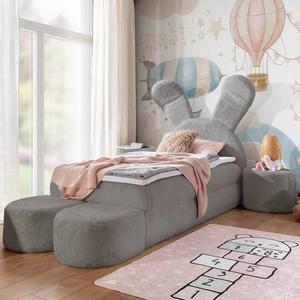 Łóżko kontynentalne Beti Plus 100x200 siwe uroczy unikatowy zagłówek w kształcie króliczka łózko z szafkami nocnymi i pufami