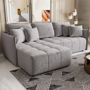 Narożnik z funkcją spania Oroso jasny szary lewostronny miękka tkanina typu velvet z powłoką hydrofobową pojemnik na pościel