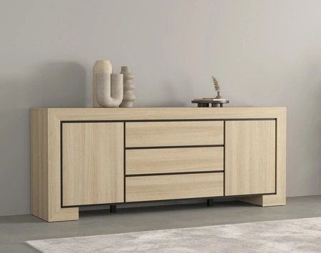 Komoda z szufladami Cuba 225 cm dąb samdal elegancka stylistyka komody wzbogacona o stylowe czarne dodatki idealna do salonu frezowane uchwyty