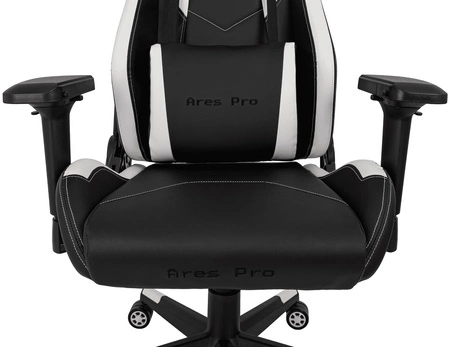 Fotel gamingowy Ares Pro czarny / biały komfortowy i funkcjonalny fotel z regulowanymi podłokietnikami stabilny metalowy stelaż