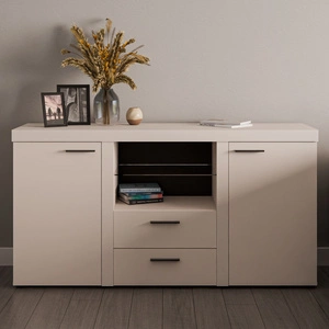 Komoda z szufladami Rene 156 cm beż piaskowy elegancki i uniwersalny styl komody do salonu gustowne czarne uchwyty