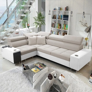 Narożnik z funkcją spania Dafni II jasny beż / biały lewostronny velvet narożnik z pojemnikiem na pościel szuflada z pełnym wysuwem