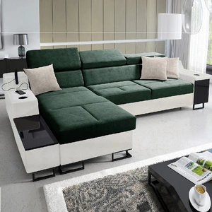 Narożnik z funkcją spania Alcamo zielony / biały lewostronny elegancki i stylowy narożnik z dostawką praktyczna szuflada w boczku mebla