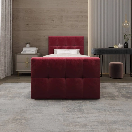 Łóżko kontynentalne Manhattan 90x200 bordowe w nowoczesnym skandynawskim stylu z tapicerowanym zagłówkiem i zanóżkiem łóżko z pojemnikiem