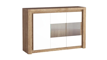 Komoda Livinio 144 cm dąb ribbeck / biały połysk elegancka komoda z przeszklonym frontem i oświetleniem LED idealna do jadalni