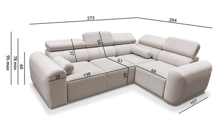 Narożnik z funkcją spania Cantare II szary popiel prawostronny komfortowy narożnik do salonu o stylowym charakterze miękka tkanina