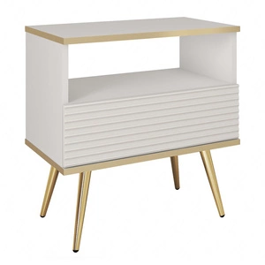 Szafka nocna z szufladą Luxury biała elegancki design korpus zwieńczony złotą listwą szafka z ryflowanym frontem złote wysokie nogi