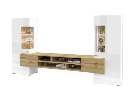 Zestaw mebli Coby biały / biały połysk / dąb wotan stylowe meble o ciekawym designie srebrne uchwyty meblościanka do salonu elementy z szkła hartowanego