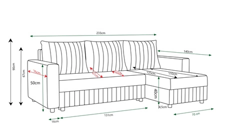 Narożnik z funkcją spania Pasco czarny prawostronny klasyczny narożnik wpisujący się w każdą aranżację dekoracyjne przeszycia