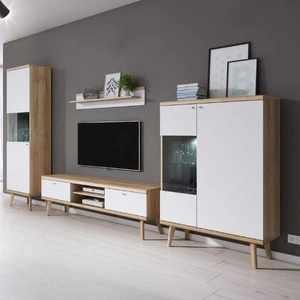 Meblościanka Primo dąb riviera / biała nowoczesny design obrzeża wykończone specjalną okleiną bezpieczne szkło hartowane