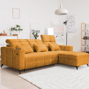 Narożnik z funkcją spania Laredo żółty prawostronny komfortowy i stylowy narożnik rozkładany z pojemnikiem na pościel