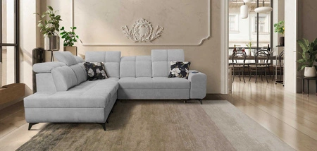 Narożnik z funkcją spania Buffalo IX szary popiel lewostronny stylowy narożnik do pokoju wykonany z welurowej tkaniny ozdobne poduszki