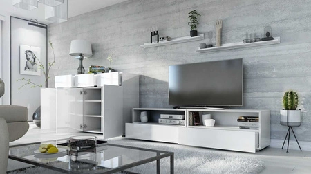 Meblościanka Pitagorio biała / biały połysk nowoczesny design system otwierania drzwi i szuflad push to open zestaw mebli z komodą