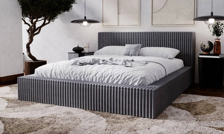 Łóżko tapicerowane Tilo 180x200 szare nowoczesny design łóżko z pojemnikiem na pościel z komfortowym zagłówkiem tkanina z wyrazistymi prążkami