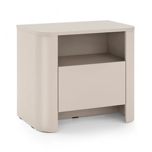 Szafka nocna Bari beżowa nowoczesny design szafki do sypialni o owalnym kształcie bezuchwytowy system otwierania szuflady push to open