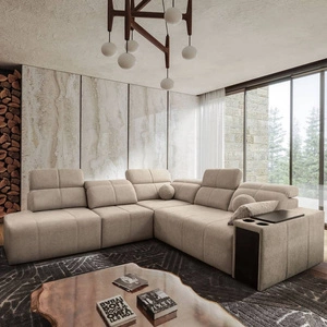 Narożnik z funkcją spania Tesalia IX beżowy lewostronny nowoczesny design komfortowe przesuwane oparcie szuflada w boczku mebla