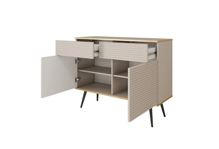 Komoda z szufladami Luxury 107 cm beżowa stylowa komoda z ryflowanymi frontami korpus zwieńczony złotą listwą czarne metalowe nogi