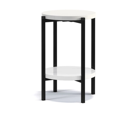 Stolik kawowy okrągły 44 cm Sampi biały połysk z dodatkową półką lekki design metalowa podstawa zachwycająca ozdoba każdego wnętrza
