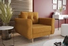 Fotel Wilkins musztardowy elegancki fotel do salonu z obszernym i miękkim siedziskiem drewniane nóżki nadają wizualnej lekkości