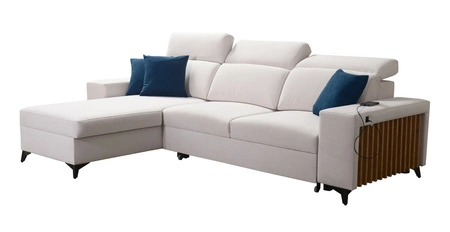 Narożnik z funkcją spania Kelly lawendowy róż lewostronny pleciony komfort i funkcjonalność bok narożnika wykończony lamelami