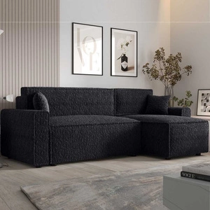 Narożnik z funkcją spania Brandon Bis czarny prawostronny miękka tkanina o charakterystycznej pętelkowej powierzchni pojemnik na pościel