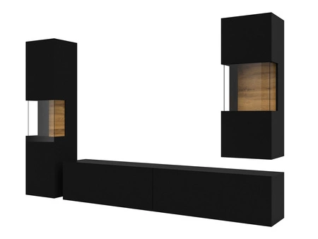 Meblościanka Ava czarna / dąb wotan z możliwością powieszeniaz wyjątkowo stylowa meblościanka elementy z szkła hartowanego