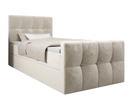 Łóżko kontynentalne Manhattan 100x200 beżowe w nowoczesnym skandynawskim stylu z tapicerowanym zagłówkiem i zanóżkiem łóżko z pojemnikiem