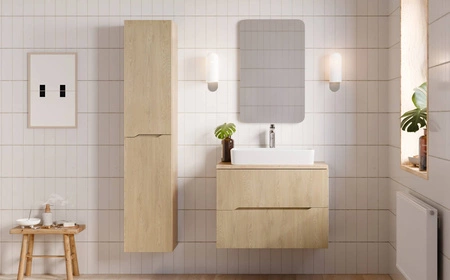 Szafka pod umywalkę Nordic Cremona 80 cm dąb cremona nowoczesna szafka do łazienki z ryflowaniami na froncie frezowane uchwyty