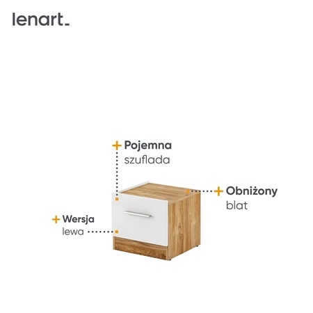 Szafka nocna Dentro biały / dąb stirling lewa elegancka i stylowa szafka z szufladą do sypialni z delikatnie obniżonym blatem