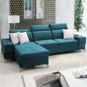 Narożnik z funkcją spania Elgin turkusowy lewostronny narożnik z regulowanymi zagłówkami praktyczne szuflady w boczkach mebla